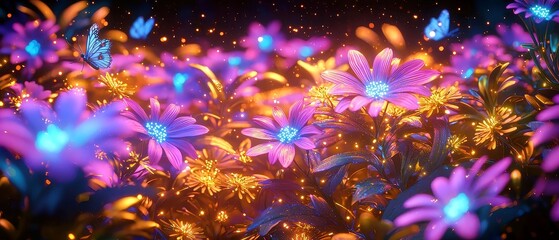 Aster Constellation, vibrant neon asters illuminate a dark backdrop, mimicking a celestial pattern, with glowing butterflies tracing connections between the flowers for cosmic harmony.