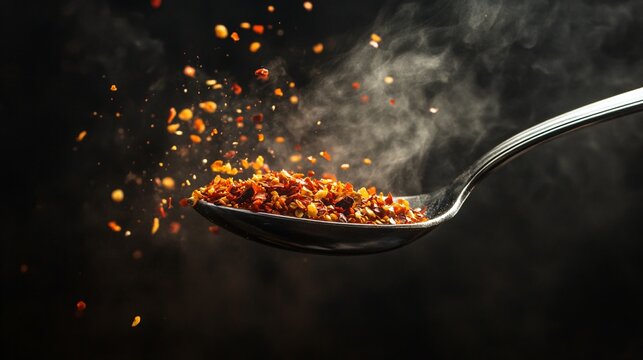 Vibrant Red Chili Flakes Flying Off Spoon with Dark Background