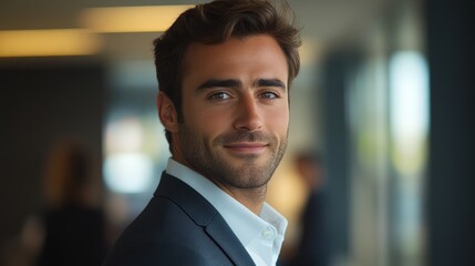 Confident young man dressed in a suit smiling in a modern workspace during a daytime meeting in a corporate environment
