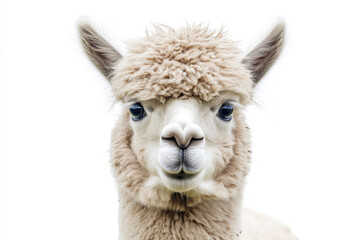 Obraz premium Alpaca with a fluffy coat on a white background, showing quirky charm