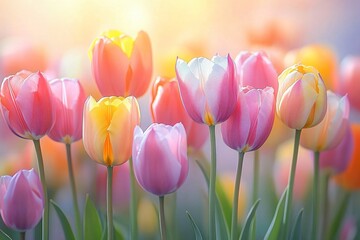 A close-up of vibrant tulips in soft pastels, perfect for celebrating spring, Women's Day, or creating serene floral designs for invitations.