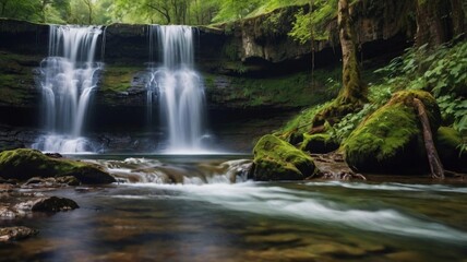 Obraz premium Stunning High-Resolution Waterfall with Crystal Clear Cascading Water, Set Against a Blurred Background of Lush Natural Landscape