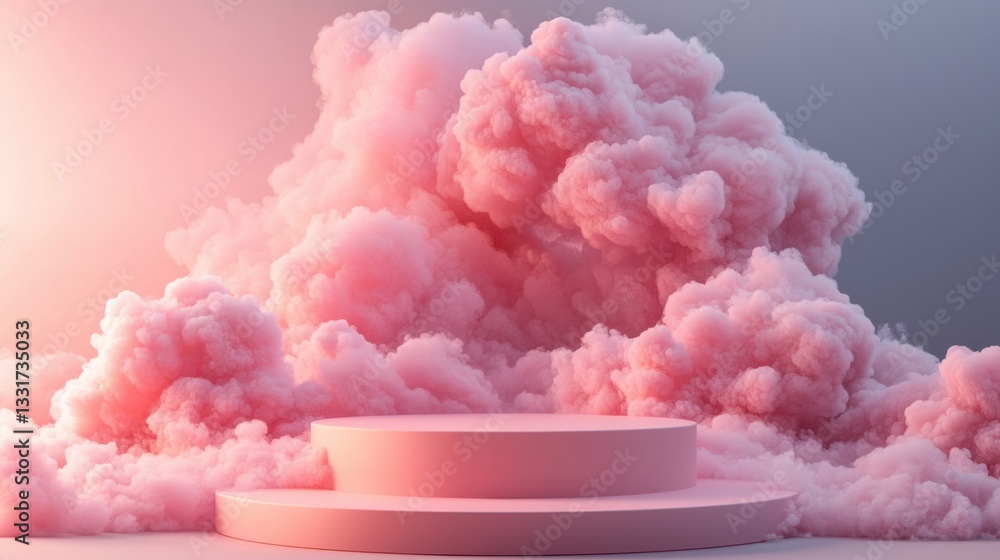 Poster pink fluffy clouds surround a circular podium in a dreamy setting with soft lighting during twilight
