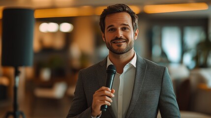 Professional speaker engaging an audience at a modern conference venue during a corporate event