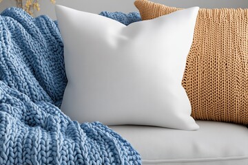 Cozy living room setup with decorative pillows and a knitted throw blanket in soft colors during the afternoon light