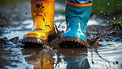 Close-Up of Colorful Rubber Boots in a Puddle Illustration for Jump in Muddy Puddles Day