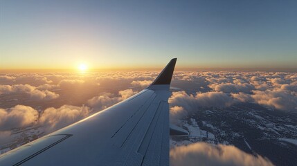 Obraz premium Aircraft Wing Seen Above Fluffy Clouds At A Beautiful Sunset