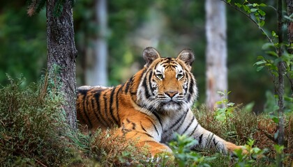 Obraz premium A powerful Siberian tiger with golden-orange fur and black stripes crouches low in dense forest underbrush, ready to pounce. 