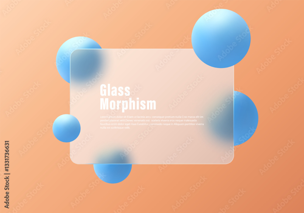 Poster glass morphism website landing page template. frosted glass partition with floating blue spheres.