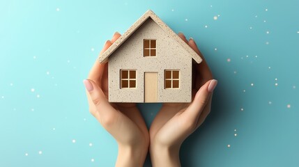A small model house held in an open hand, isolated against a solid blue background, representing real estate investment, homeownership, and financial security.