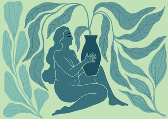 Boho Midcentury Modern Feminine Illustration, Woman with Vase and Lush Botanical Elements, nature, retro