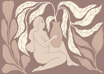 Boho Midcentury Modern Feminine Illustration, Woman with Vase and Lush Botanical Elements