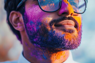 Vibrant celebration of color during festival of Holi with a man covered in bright powders and wearing sunglasses on a sunny day
