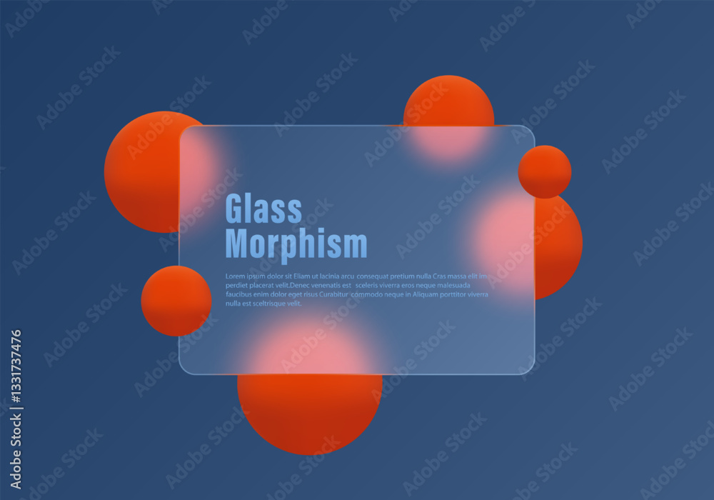 Poster gradient background with transparent partition and floating orange spheres in glass morphism style. 