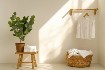 Bright, minimalistic interior featuring hanging clothes, plant,