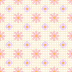 Seamless summer cute yellow checkered background with pink and lilac flowers universal background. For textile design, wallpaper, holiday wrapping paper, store advertising, kitchen fabric. Vector art