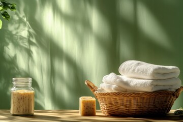 Soft towels arranged neatly in basket, illuminated by gentle sun