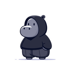 Fototapeta premium Mysterious hippo ninja in black stealth outfit against white background. Vector illustration for martial arts stories, secret agent themes and Asian combat traditions.