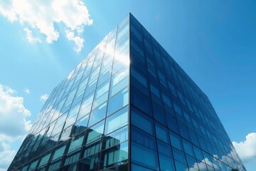 Modern glass office building reflecting blue sky, urban architecture, business district, urban, glass