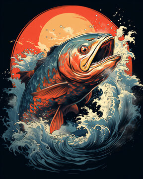 Zander jumped out of the stormy waves. A predatory fish living in rivers and lakes.