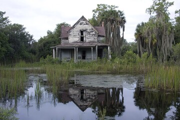 Obraz premium In this remote place, abandoned house and wild swamp stand in stark contrast, embodying juxtaposition of human history and untamed wilderness, while evoking a profound sense of time standing still 