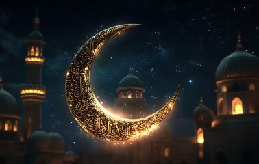 Fototapeta premium Glowing Crescent Moon Above Silhouetted Domes and Minarets Against Starry Night