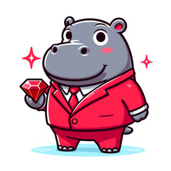 Obraz premium Successful hippo businessman holding diamond in bright red suit. Vector illustration for wealth management, luxury investments and financial achievement concepts.