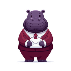 Fototapeta premium Formal hippo businessman with envelope in burgundy suit and tie. Vector illustration for corporate communication, business correspondence and professional document delivery.