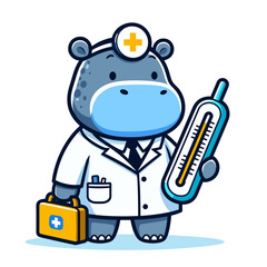 Naklejka premium Caring hippo doctor with thermometer and medical bag in white coat. Vector illustration for pediatric services, healthcare professionals and medical check-up concepts.