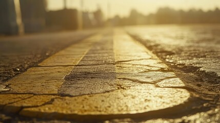 Obraz premium Close-up of cracked asphalt road with yellow lines at sunset.