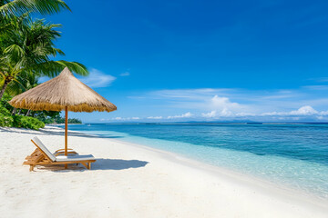 Obraz premium Tropical beach paradise with sun loungers and umbrella