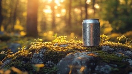 Obraz premium A metal can covered in water droplets sits on a mossy rock surrounded by greenery. Sunlight filters through the trees, creating a warm glow in the early evening.