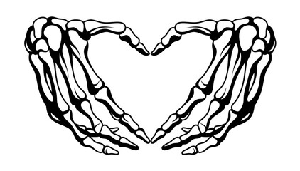 Skeleton's hands show the sign of the heart. Hand bones with human fingers. Black and white illustration of skeleton hand bones shows love.