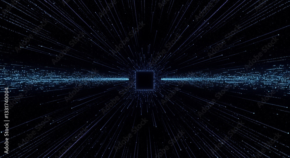 Poster abstract data stream tunnel with square portal and light streaks