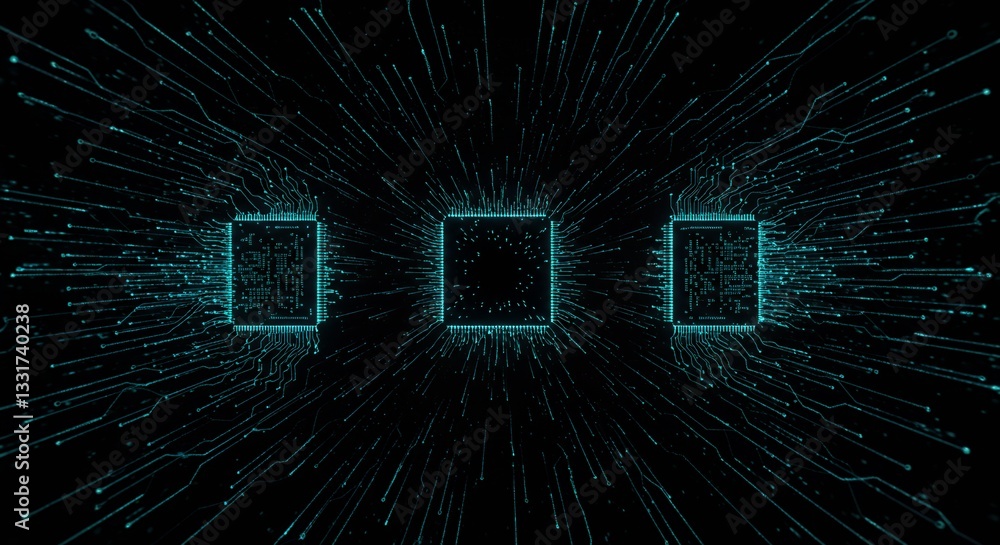 Poster digital circuit board processors with glowing traces technology background