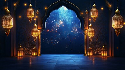 Golden Lanterns Illuminate Mystical Blue Archway