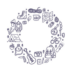 Frame with doodles of camping and outdoor adventure. Includes tent, backpack, campfire, compass, binoculars, boots, guitar, and nature elements. Vector illustration isolated on a white background.