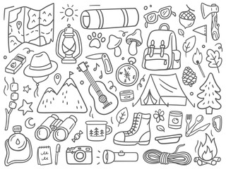 Black and white doodle illustration of camping and outdoor adventure. Travel, tourism, and wilderness-related designs. Vector illustrations on a white background.