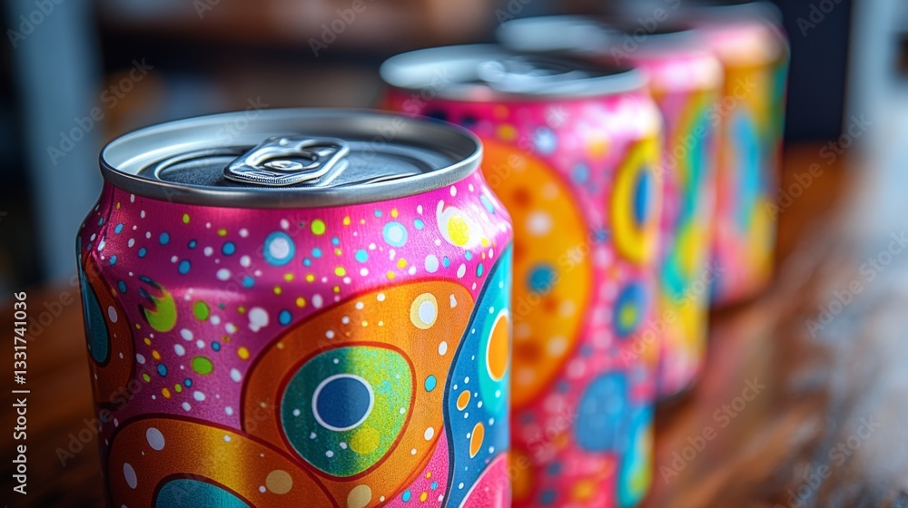 Fototapete several vibrant soda cans featuring intricate patterns are arranged neatly on a wooden table. the br