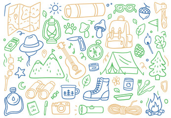 Colorful doodle illustration of camping and outdoor adventure. Travel, tourism, and wilderness-related designs. Vector illustrations on a white background.