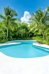 Tropical pool oasis. Lush greenery surrounds a serene, light-blue swimming pool