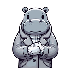Naklejka premium Formal hippo gentleman in gray coat with buttoned collar. Vector illustration for winter fashion, elegant menswear and sophisticated attire concepts.