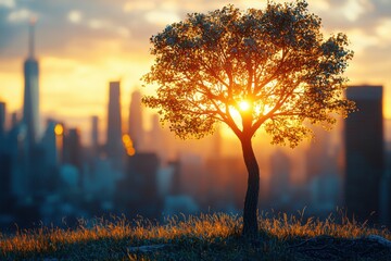 Sunset over a city skyline with a lone tree silhouetted against vibrant skies