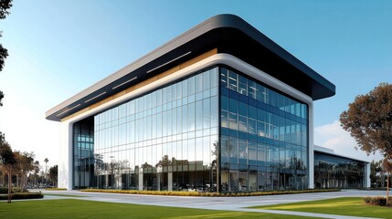 Obraz premium Modern glass office building exterior, situated on a landscaped campus. Large windows showcasing interior spaces. Sleek, contemporary design with dark and light accents