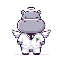 Fototapeta premium Heavenly hippo doctor angel in white coat with wings and halo. Vector illustration for medical heroes, healthcare appreciation and divine healing concepts.