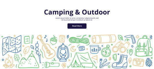 Colorful doodle illustrations of camping and outdoor adventure. Travel, tourism, and wilderness-related designs. Vector illustration for landing page, banner, or ad.