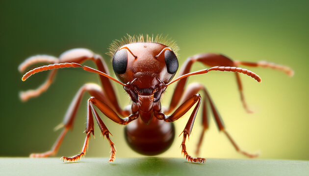 Macro de una hormiga de frente con fondo verde