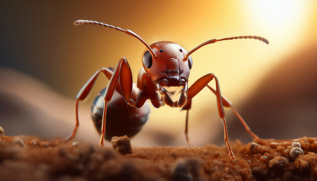 Macro de una hormiga de frente con fondo c&aacute;lido