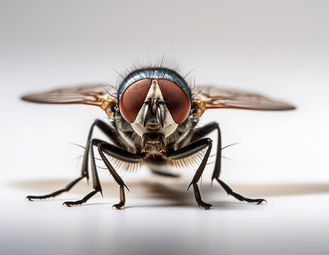 Primer plano close-up de una mosca com&uacute;n de frente sobre un fondo blanco