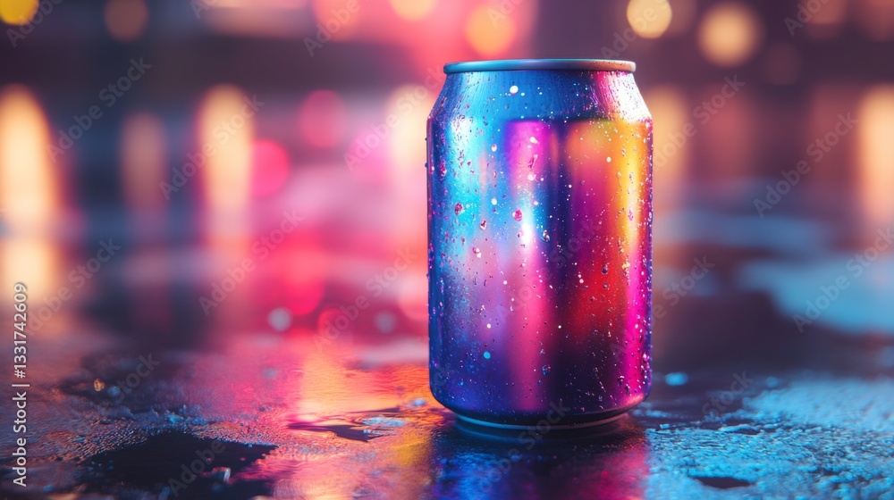 Poster a colorful can sits on a reflective wet surface, adorned with raindrops. bright city lights create a